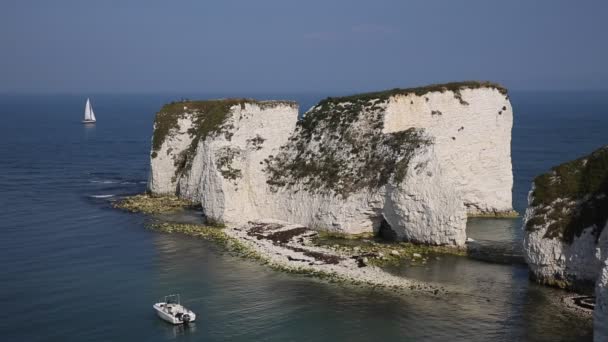 Jurassic Coast Studland Dorset England UK Old Harry Rocks chalk formations including a stack and a stump at Handfast Point Isle of Purbeck — Stock Video