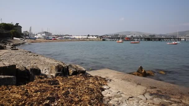 स्वानज बंदरगाह और जेटी डोरसेट इंग्लैंड यूके एक सुंदर ग्रीष्मकालीन दिन समुद्र और तट के साथ — स्टॉक वीडियो