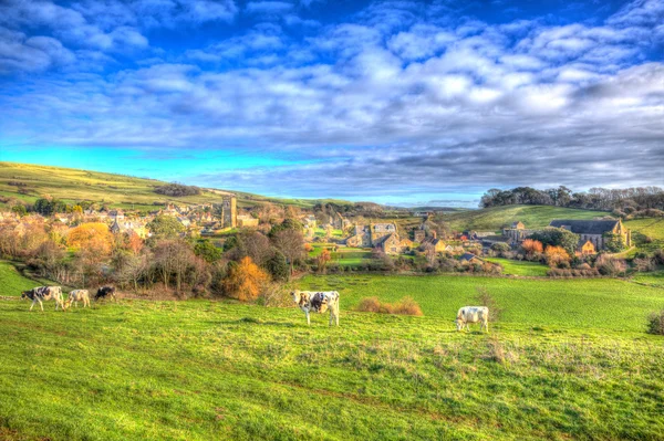 Angielska wieś Abbotsbury Dorset Uk pośród krajobrazów z krów i Kościół jak obraz w żywy kolor jasny Hdr — Zdjęcie stockowe