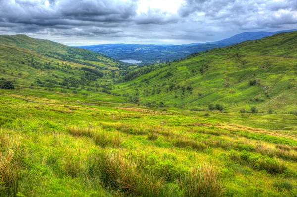 Kirkstone Pass view towards Grasmere by Kirkstone Pass Inn Lake District England UK with countryside in HDR — Stock Photo, Image