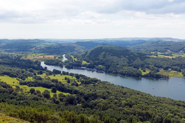 Elevated view Lake District view Windermere The Lakes England uk from Gummers How with boat sailing in summer — Stock Photo, Image