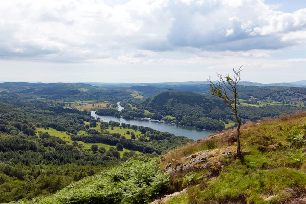 Erhöhter blick auf windermere lake district england uk von gummers wie mit boot segeln im sommer — Stockfoto