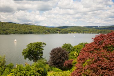 Yelkenli teknelerde Windermere Gölü Bölgesi Cumbria İngiltere güzel huzurlu dinlendirici yaz gününde renkli kırmızı ve kahverengi ağaçları ile