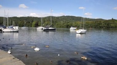 Bowness tekneler ve ördekler bir güzel yaz gününde semtinden Windermere Gölü