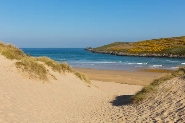 Dunas de areia Praia de Crantock North Cornwall England UK perto de Newquay e no caminho da costa sudoeste na primavera com céu azul e mar — Fotografia de Stock