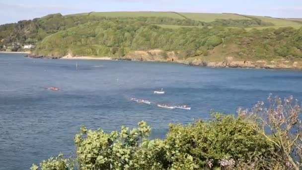 Pilot gig boat rowing and racing event at Salcombe Devon England UK on 31st May 2015 — Stock Video