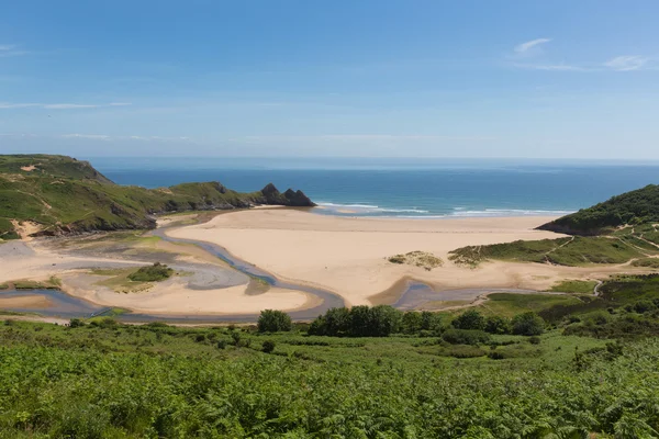 Tři útesy zálivu poloostrova Gower Swansea Wales uk pohled z kempu — Stock fotografie