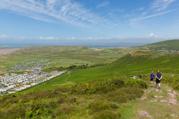 Wales Coast Path Rhossili Down The Gower Wales with walkers — Stock Photo, Image