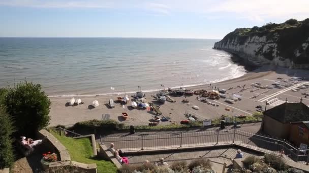 Vista elevada Costa de cerveza y playa Devon Inglaterra Reino Unido Aldea costera inglesa Costa Jurásica PAN — Vídeos de Stock