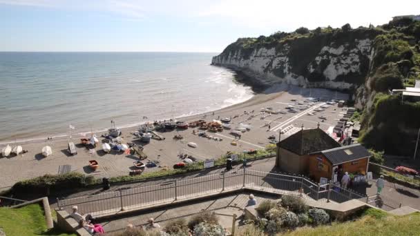 Verhoogde weergave bier kust en strand Devon Engeland Uk Engels kustplaatsje aan de Jurassic Coast World Heritage Site — Stockvideo