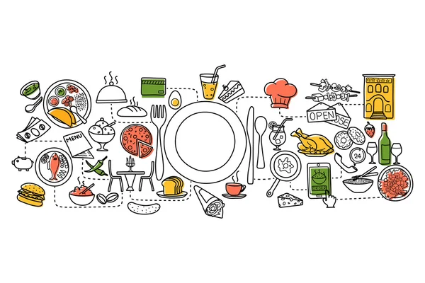 Σχεδίαση τέχνη επίπεδη γραμμή της έννοιας τροφίμων και ποτών — Διανυσματικό Αρχείο