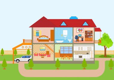 House in cut view with detailed interior and furniture