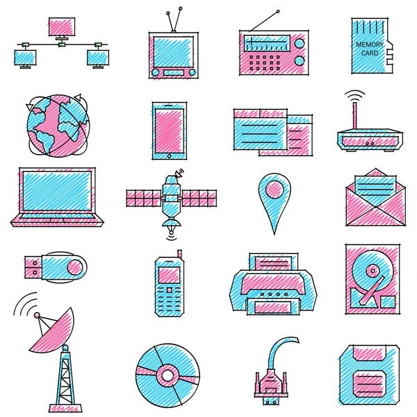 Ensemble d'icônes de communication et de technologie gravées — Image vectorielle