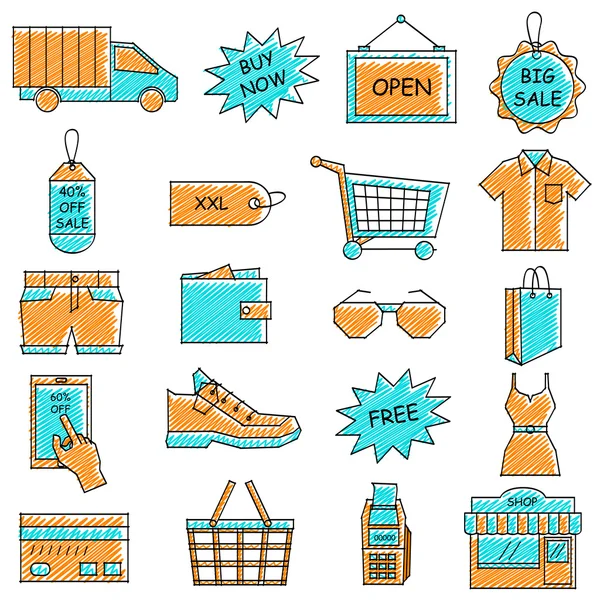 Conjunto de iconos de comercio electrónico y compras en línea garabateados — Vector de stock