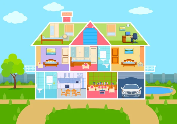 Casa en vista de corte con interiores y muebles detallados — Vector de stock