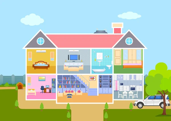 Casa en vista de corte con interiores y muebles detallados — Vector de stock