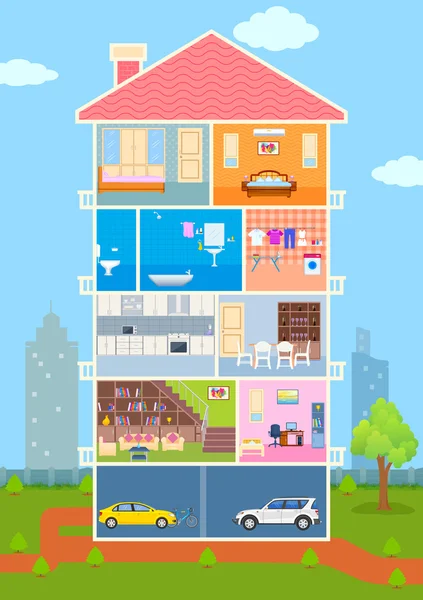 Casa en vista de corte con interiores y muebles detallados — Vector de stock