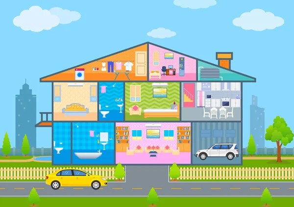 Casa en vista de corte con interiores y muebles detallados — Vector de stock