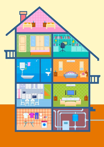 House in cut view with detailed interior and furniture — Stock Illustration House in cut view with detailed interior and furniture Stock Vector