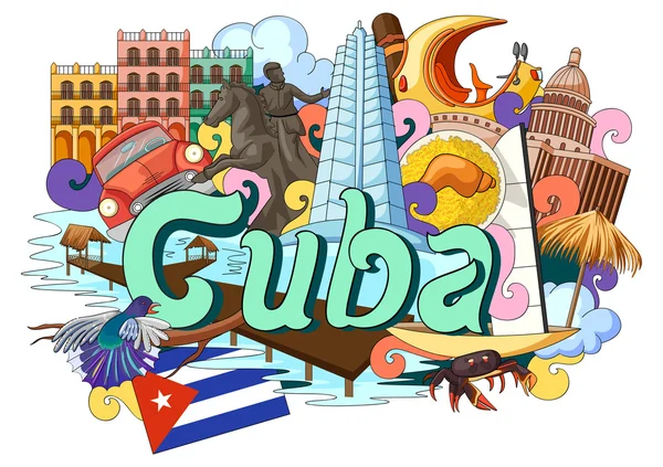 Doodle mostrando Arquitetura e Cultura de Cuba — Vetor de Stock