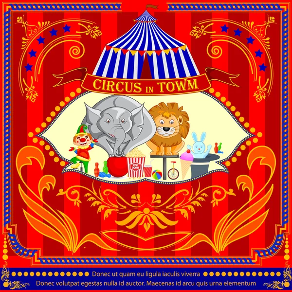 Convite do cartaz dos desenhos animados do circo do vintage para o carnaval do partido e o anúncio —  Vetores de Stock