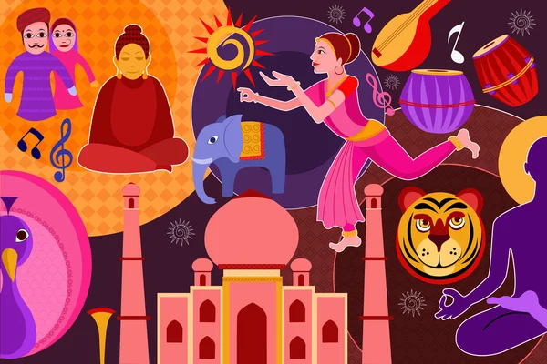インドの豊かな文化遺産を表示するコラージュ — ストックベクタ