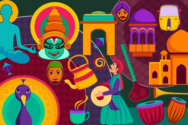 Kollázs jelenít meg a gazdag kulturális örökség India — Stock Vector