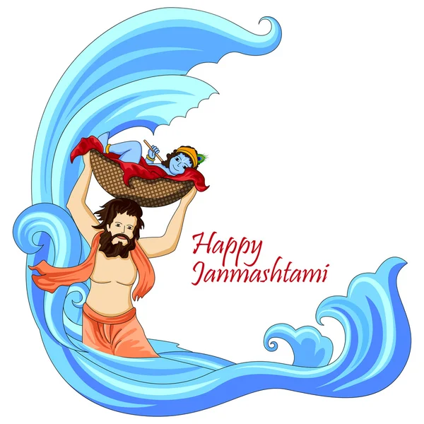 Krishna avec flûte sur fond Happy Janmashtami — Image vectorielle