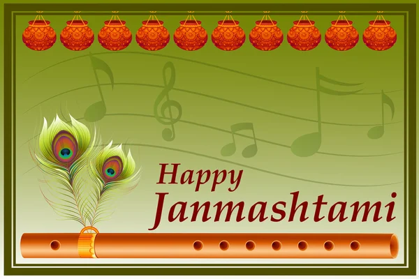 Krishna, a fuvola, a boldog Janmashtami háttér — Stock Vector