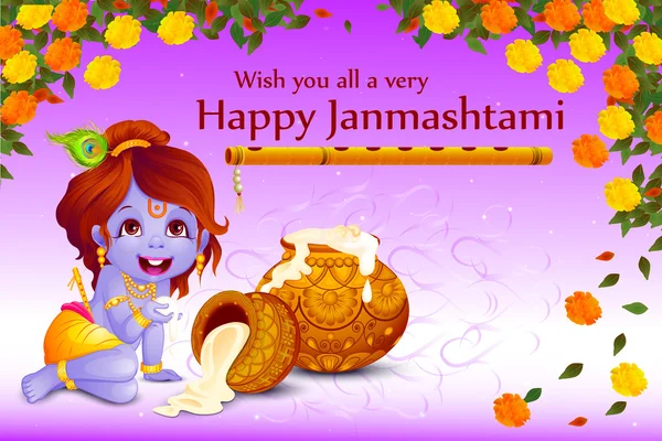 El Señor Krishna robando makhaan en Feliz Janmashtami — Vector de stock