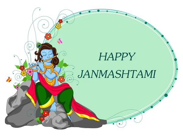 Krishna con flauta sobre fondo janmashtami feliz — Vector de stock