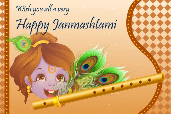 Krishna avec flûte sur fond Happy Janmashtami — Image vectorielle