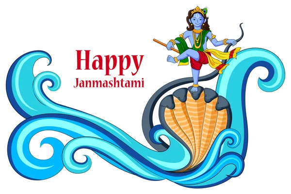 Krishna dancing on Kaliya naag snake on Happy Janmashtami background — Stock Vector