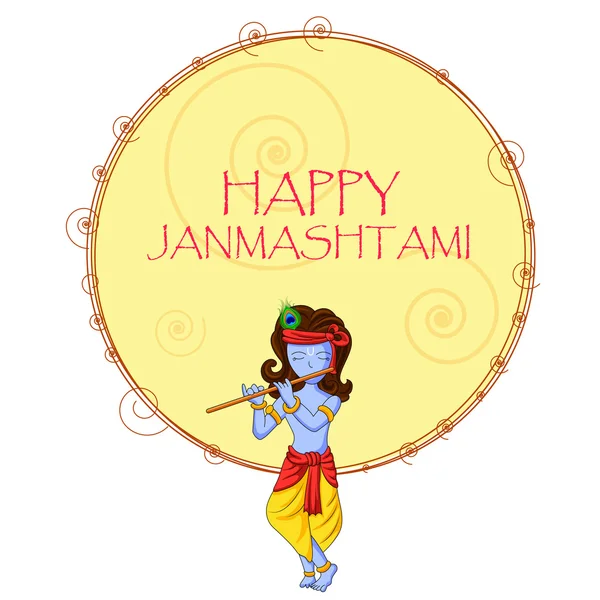 Krishna con flauta sobre fondo janmashtami feliz — Vector de stock