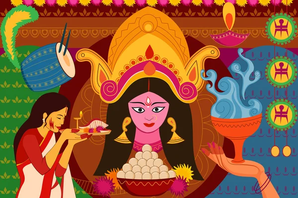 Happy Durga Puja festival sfondo kitsch arte India — Vettoriale Stock