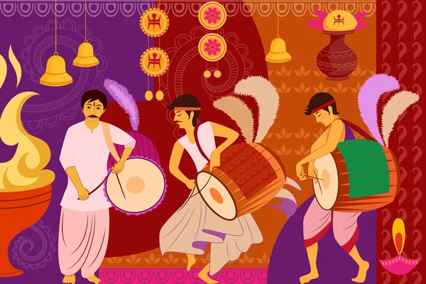 幸せドゥルガー ・ プージャー祭背景キッチュ アート インド — ストックベクタ