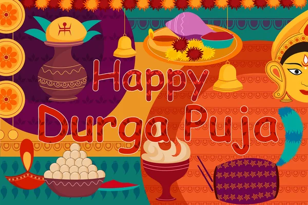Sztuka szczęścia Durga Puja tło Festiwal kiczu Indie — Wektor stockowy