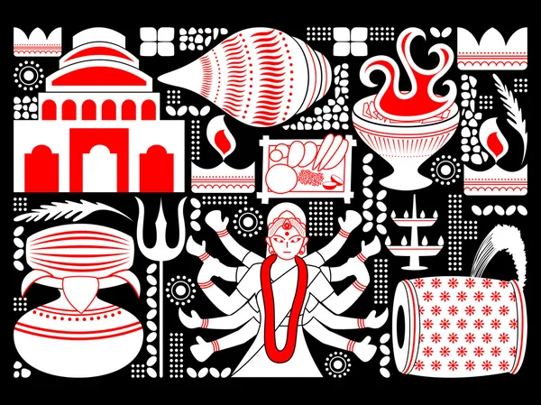 Feliz Durga Puja festival fundo kitsch arte Índia —  Vetores de Stock