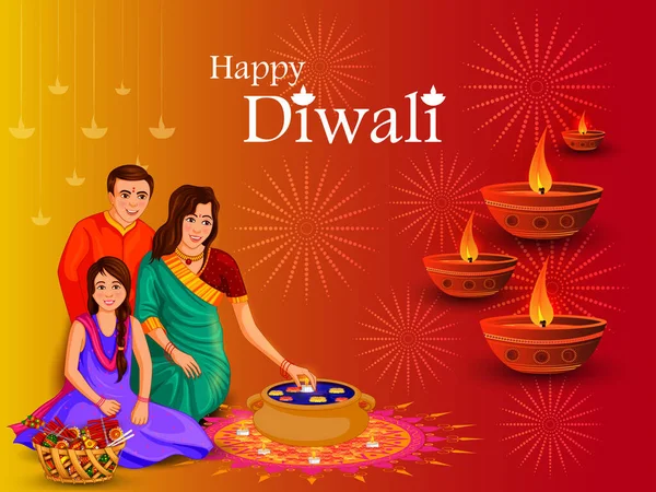 インドの幸せなディワリ祭りの休日を祝うインドの家族 — ストックベクタ