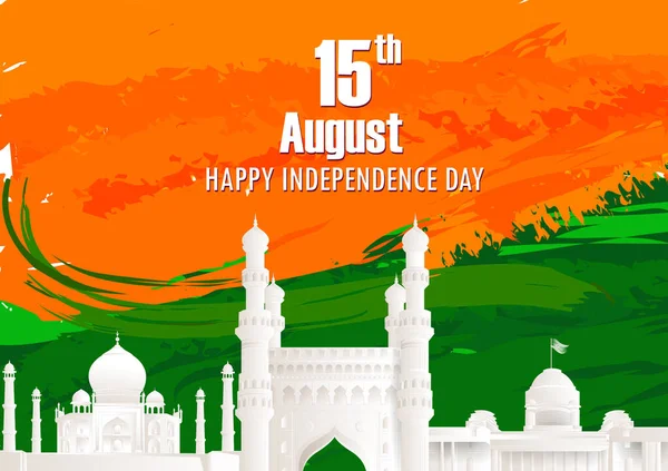 Indiska tricolor bakgrund för 15 augusti Happy Independence Day of India — Stock vektor