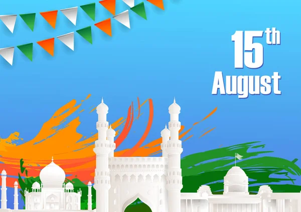 Indické trojbarevné pozadí pro 15. srpna Happy Independence Day of India — Stockový vektor