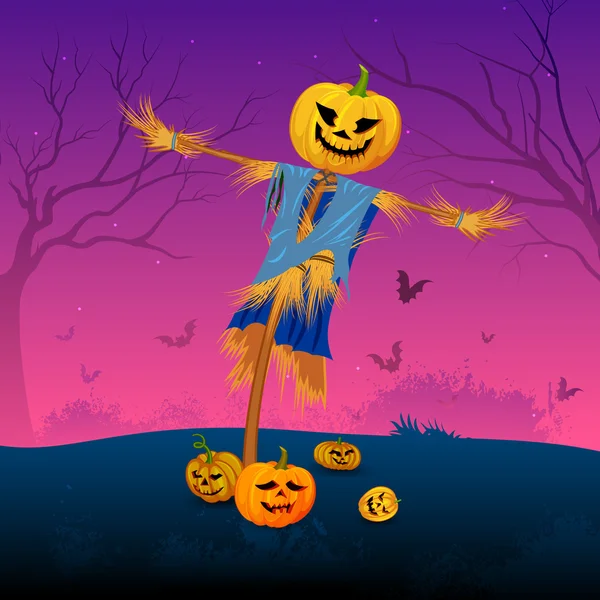 Eng scarecrow met pompoen in halloween — Stockvector