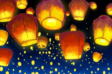 Floating lantern in night sky clipart