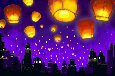 Floating lantern in night sky clipart