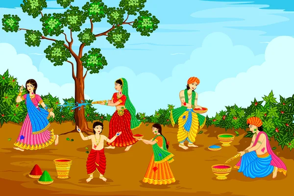 Radha Krishna jugando Holi — Vector de stock