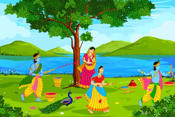 Radha Krishna jugando Holi — Vector de stock