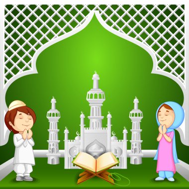 Muslim kids offering namaaz for Eid clipart