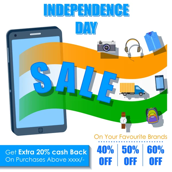 Unabhängigkeitstag Indiens Verkaufsangebot in mobiler Anwendung — Stockvektor
