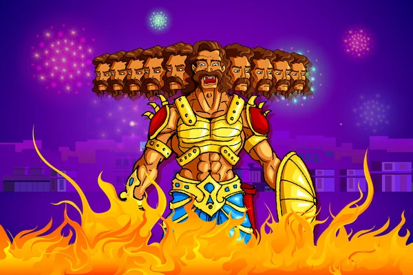 Ravana queimando em fogo em Dussehra — Vetor de Stock