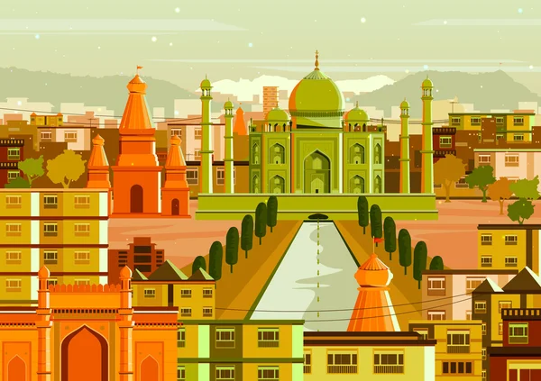 Taj Mahal con diferentes edificios en la India — Vector de stock